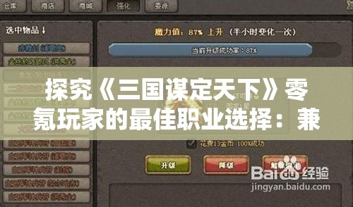 探究《三国谋定天下》零氪玩家的最佳职业选择：兼顾实力与经济的游戏理念