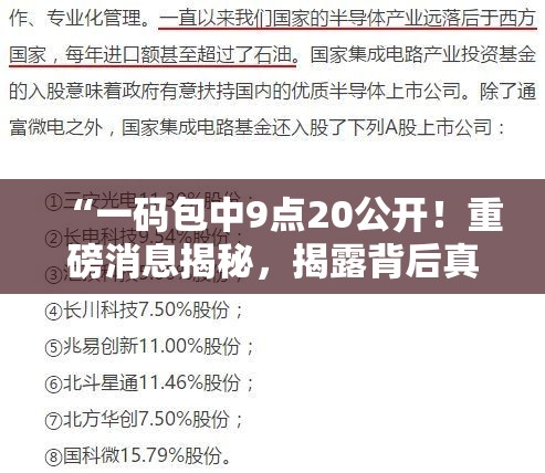 “一码包中9点20公开！重磅消息揭秘，揭露背后真相，不容错过的最新资讯”